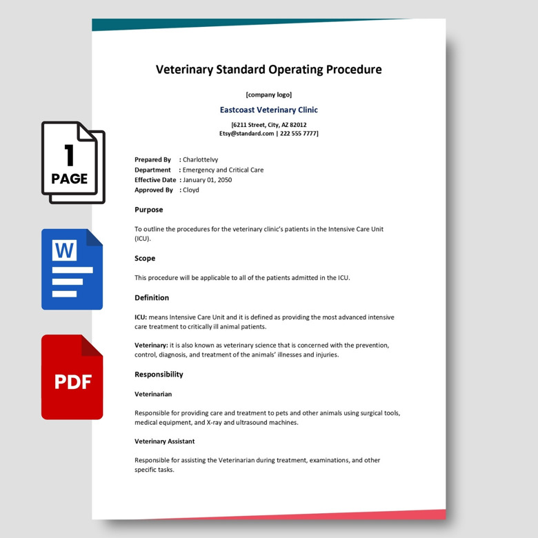 Editable Veterinary SOP Template - Animal Clinic Standard Operating Procedure PDF & Word - Professional Veterinary Document