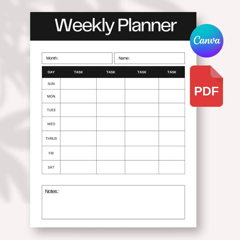 Minimalist Weekly Task Planner | Printable Work Schedule Organizer | Monochrome Design