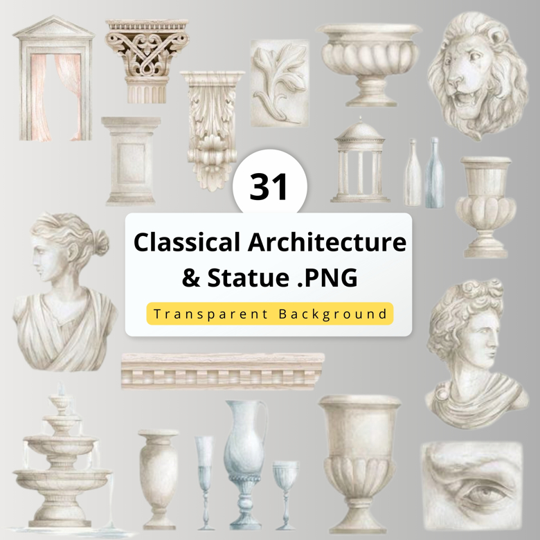 31 Classical Architecture & Statue PNG Set | Bust, Columns, Sculptures, Antique
