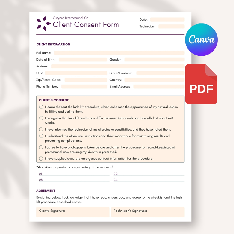 Client Consent Form Template for Lash Lift | Editable Canva Beauty Treatment Agreement | Aesthetic Salon Intake Form