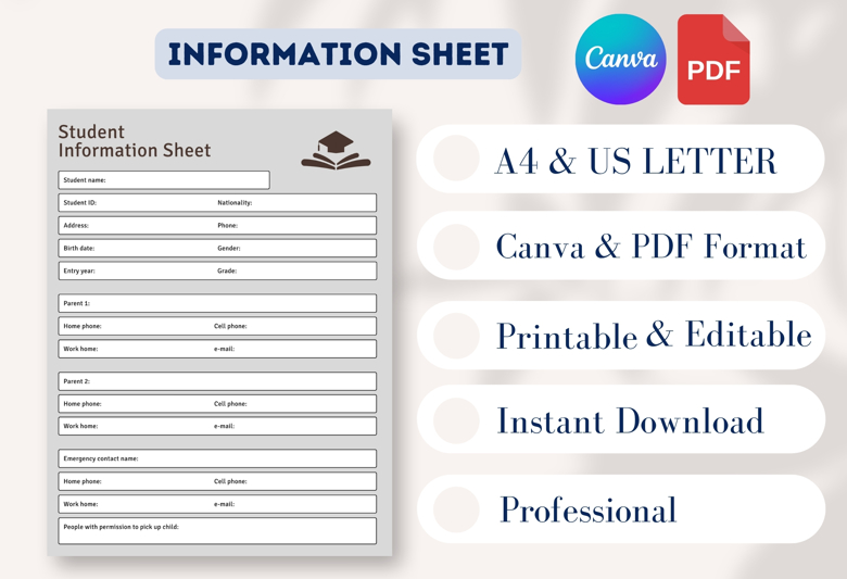 Student Information Sheet Template | Editable Canva School Enrollment Form | Parent Contact & Emergency Info Sheet