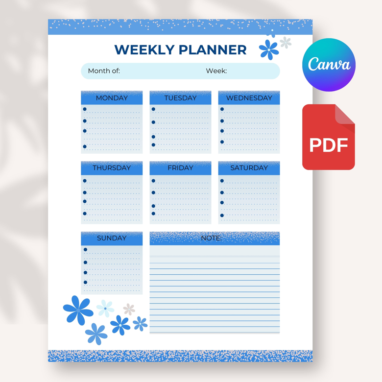 Floral Weekly Planner Template | Printable Schedule Organizer | A4 & US Letter | Editable in Canva | Blue Minimal Design