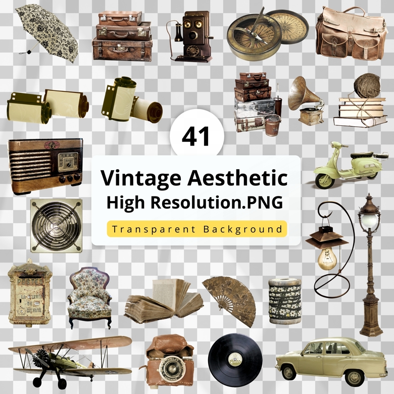 41 Vintage Aesthetic PNG Set | Retro, Antique, Old Objects, Collage Elements