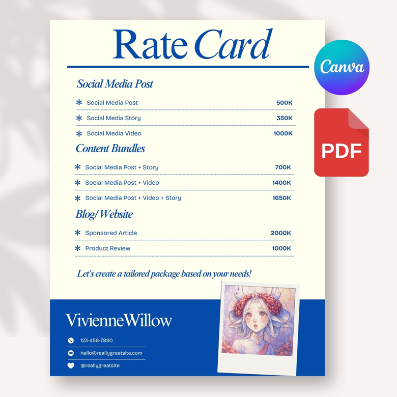 Rate Card Template for Influencers & Creators | Editable Media Kit Pricing Sheet | Canva Template | A4 & US Letter | Instant Do