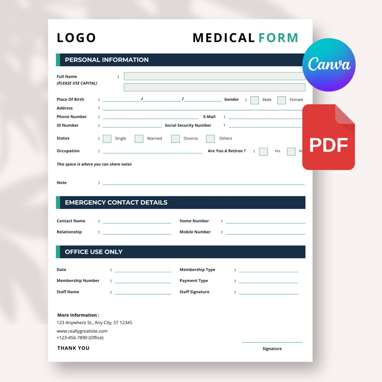 Medical Form Template | Patient Registration Form | Editable Canva Template | US Letter Size | Clinic & Healthcare Use