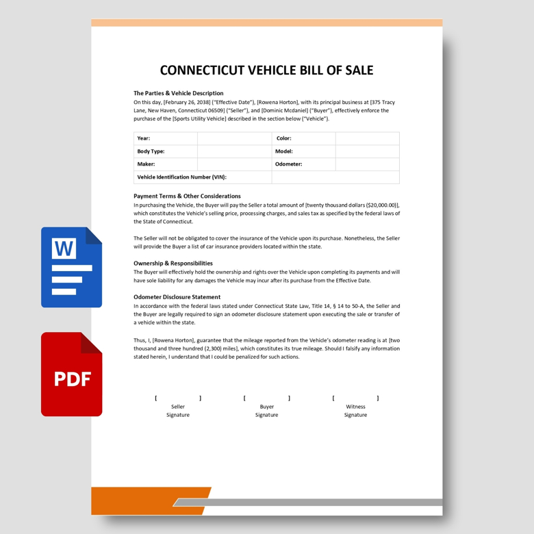 Connecticut Vehicle Bill of Sale Template | Printable Auto Transfer Agreement | Editable Car Sale Form PDF