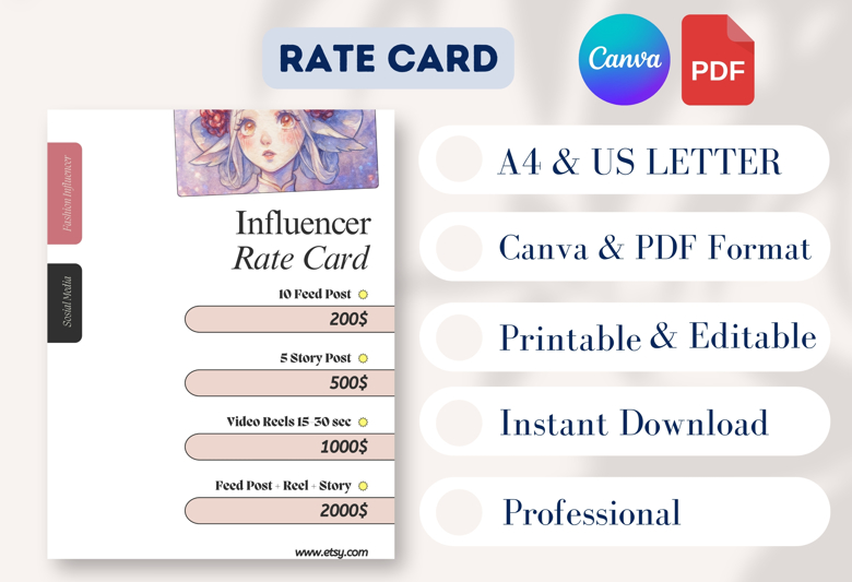 Fashion Influencer Rate Card Template | Editable Canva Pricing Sheet for Social Media | Aesthetic Creator Media Kit | A4 & US L