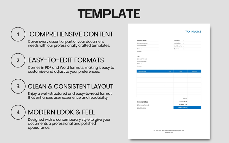 Editable Tax Invoice Template - Printable Business Billing Form PDF & Word - Professional Invoice for Small Business