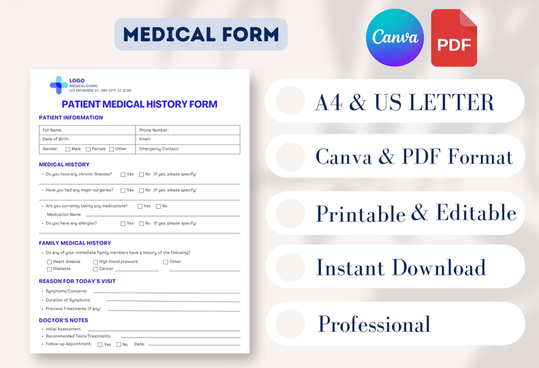 Patient Medical History Form Template | Editable Canva Health Form | US Letter Size | Doctor Office Clinic Use