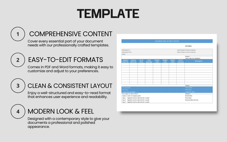 Goods Delivery Note Template | Editable PDF & Word | Shipment Receipt & Delivery Tracking Form