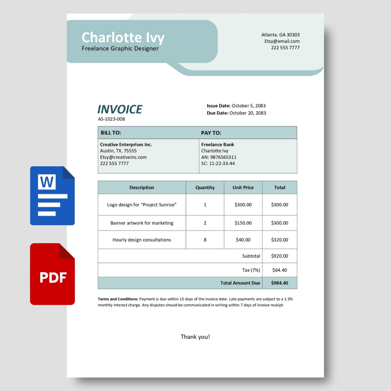 Freelance Invoice Template for Graphic Designers | Editable PDF & Word | Contractor Billing Format | Instant Download
