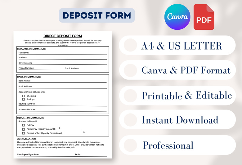 Direct Deposit Form Template | Editable Payroll Bank Information Form for Employees | Printable Canva Template