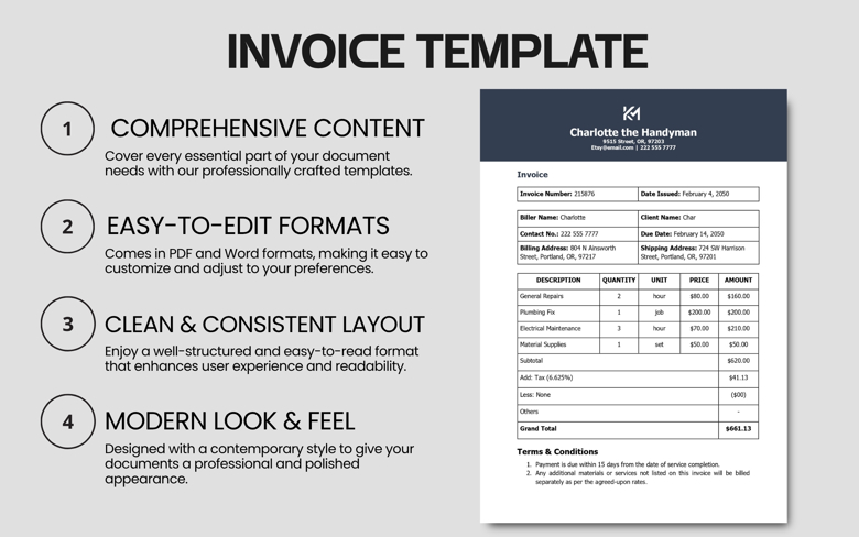 Editable Handyman Invoice Template | Sole Trader Invoice | Fillable Word & PDF Billing Statement for Services