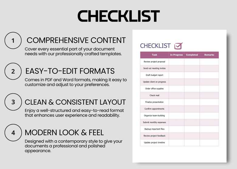 Editable Checklist Template - Task & Project Organizer (PDF & Word) - Minimalist To-Do List for Work & Personal Use