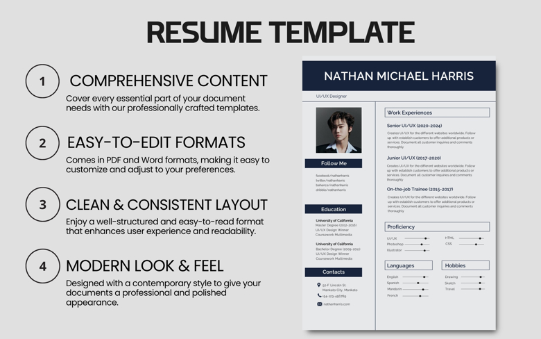 Editable Modern Resume Template - UI/UX Designer CV PDF & Word - One Page Creative Job Application Layout