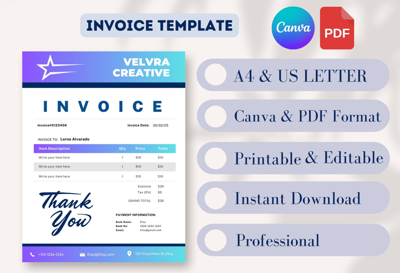 Modern Editable Invoice Template | Gradient Billing Form | Professional PDF for Freelancers & Small Business