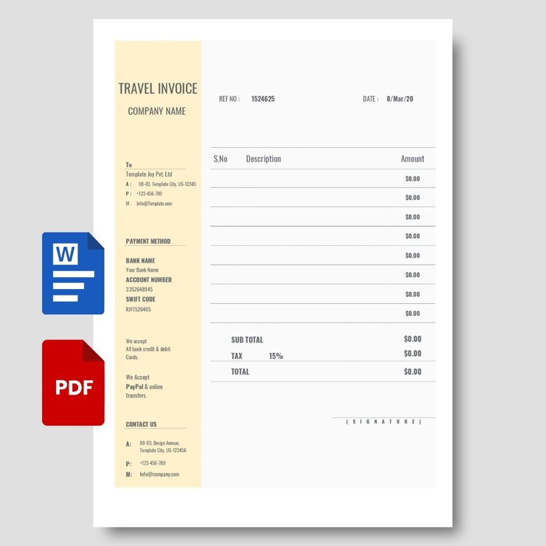 Travel Invoice Template | Editable Business Billing Form in PDF & Word | Professional Trip Expense Receipt