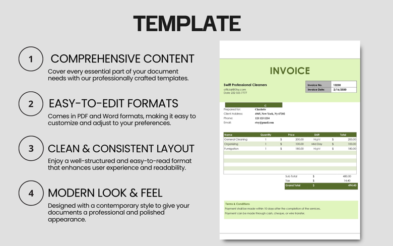 Cleaning Service Invoice Template | Housekeeping & Maid Billing Form | Editable PDF & Word