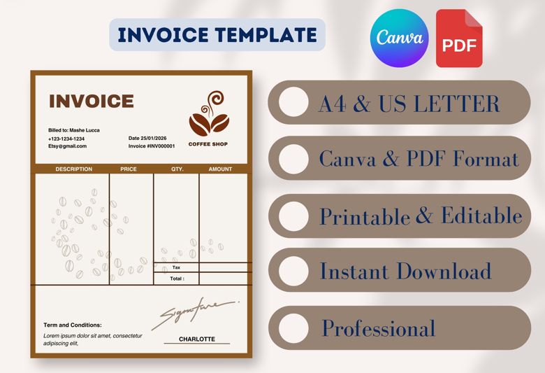 Coffee-Themed Business Invoice | Perfect for Cafes, Bakeries & F&B Brands | Instant Download