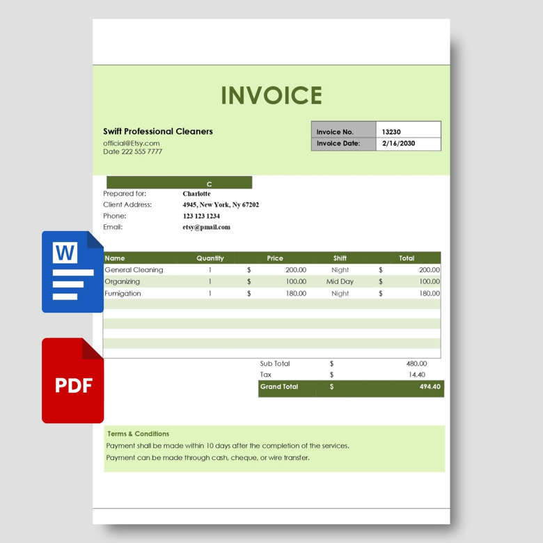 Cleaning Service Invoice Template | Housekeeping & Maid Billing Form | Editable PDF & Word