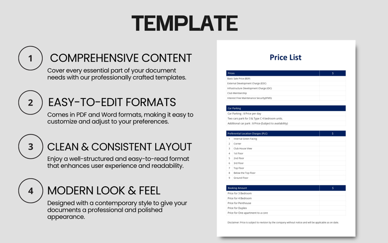 Editable Property Price List Template | Real Estate Pricing Sheet in PDF & Word | Apartment & Unit Rate Breakdown
