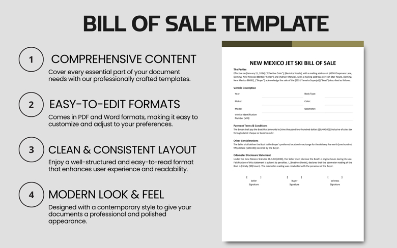 New Mexico Jet Ski Bill of Sale Template | Editable Boat Sales Form with Odometer Disclosure | Word & Fillable PDF