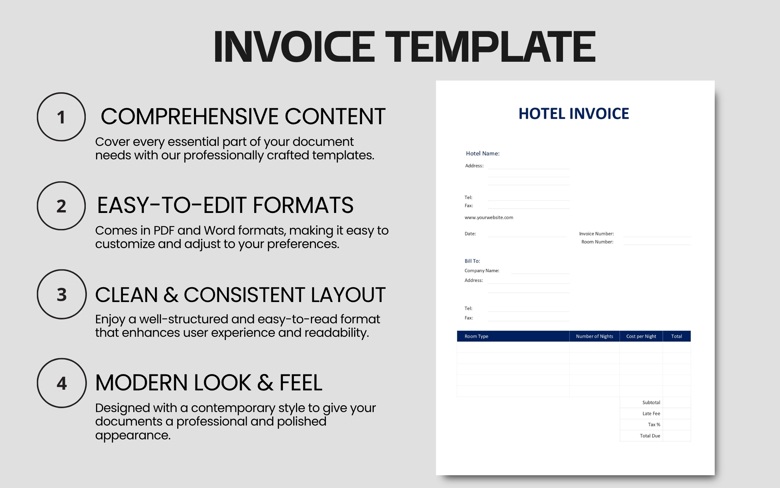 Hotel Invoice Template | Editable Receipt PDF & Word | Room Booking Bill Format for Hotel & Lodging Services