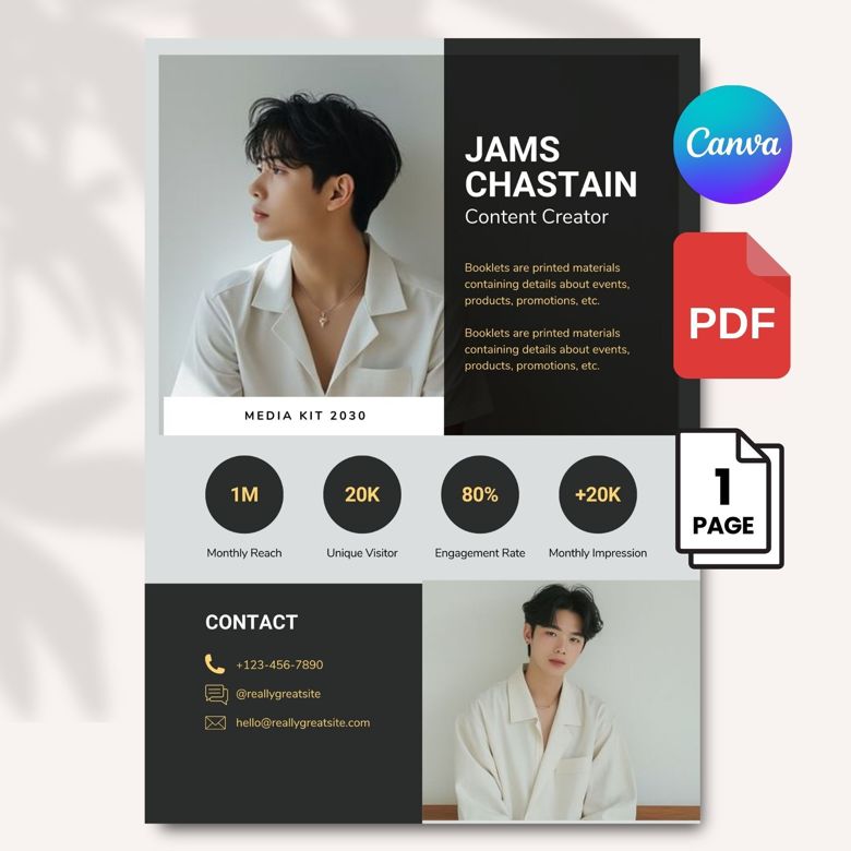 Modern Male Influencer Media Kit Template | Editable Canva Press Kit for Content Creators & Models | Stylish Aesthetic | Instan