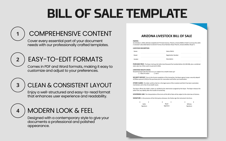Arizona Livestock Bill of Sale Template | Editable Cattle Sale Form | Horse or Farm Animal Sale Contract PDF