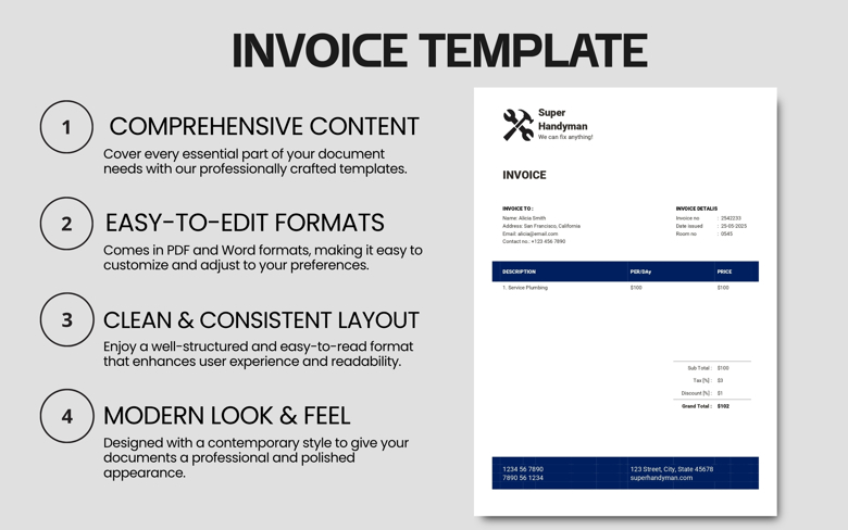 Handyman Invoice Template | Editable Service Billing Form PDF & Word | Contractor Receipt for Plumbing, Repairs & Maintenance