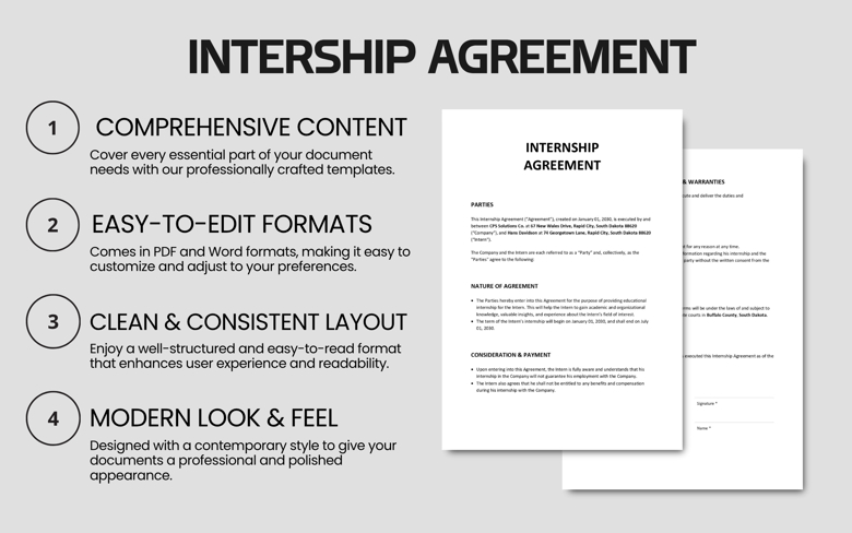 Internship Agreement Template | Editable Intern Contract PDF & Word | Professional Internship Legal Document for Companies & St