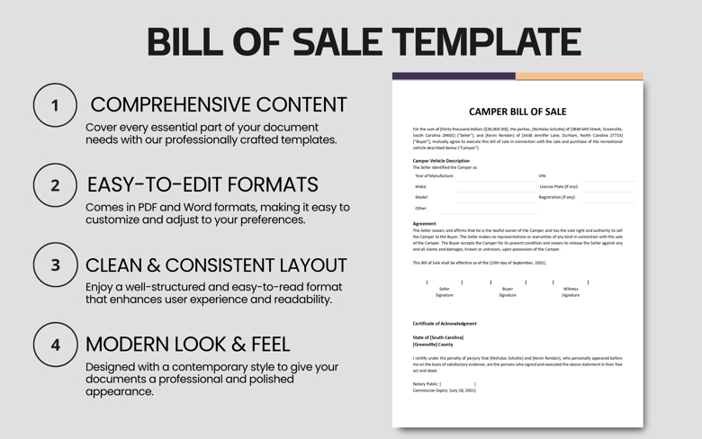 Camper Bill of Sale Template | Printable RV Transfer Form | Editable Camper Sale Agreement PDF (South Carolina Format)