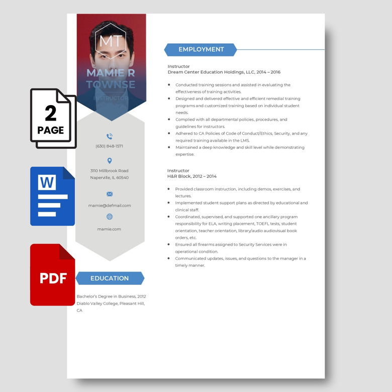 Editable Instructor Resume Template - Professional Two-Page CV for Trainers & Educators PDF & Word - Clean Modern Job Applicati