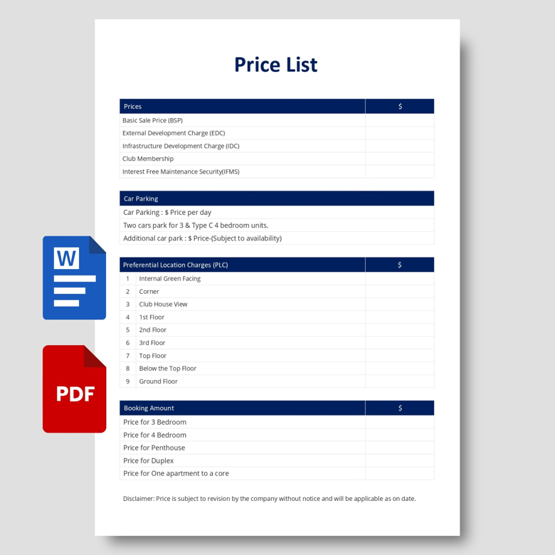 Editable Property Price List Template | Real Estate Pricing Sheet in PDF & Word | Apartment & Unit Rate Breakdown