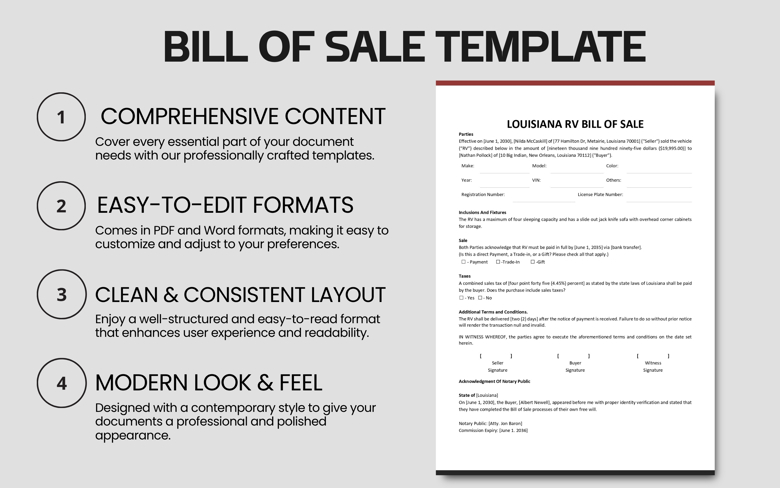 Louisiana RV Bill of Sale Template | Printable & Editable RV Vehicle Sales Agreement | PDF & Word | Legal Form with Notary Sect
