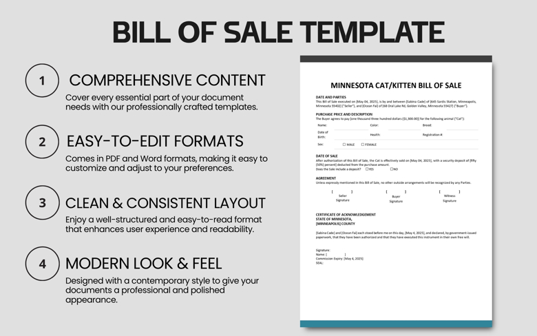 Minnesota Cat/Kitten Bill of Sale Template | Editable Pet Purchase Agreement | Fillable PDF & Word Format