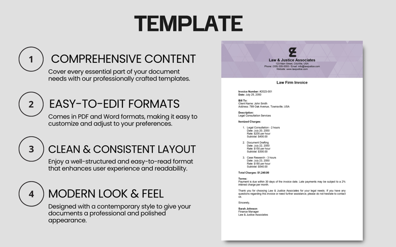 Law Firm Invoice Template | Legal Billing Statement in PDF & Word | Professional Attorney Fee Invoice