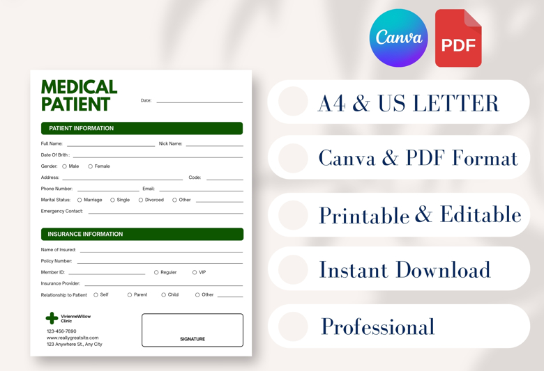 Medical Patient Intake Form Template | Editable Canva Clinic Registration Sheet | Personal & Insurance Info Form