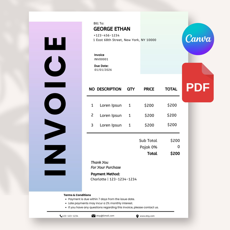 Modern Invoice Template | Aesthetic Business Billing Form | Freelance & Small Business Invoice | A4 & US Letter | Canva Editabl