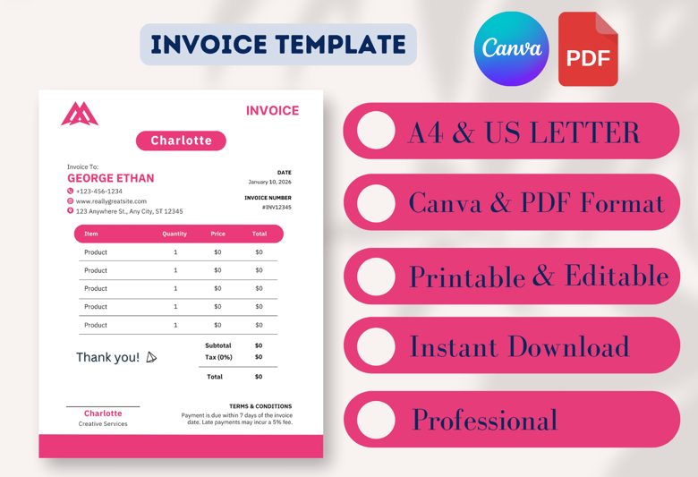 Modern Invoice Template | Printable Canva Invoice | A4 & US Letter Size | Editable Business Billing Receipt