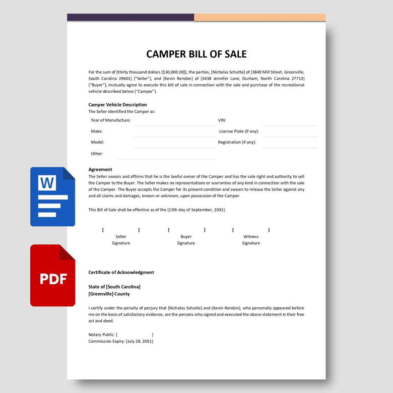 Camper Bill of Sale Template | Printable RV Transfer Form | Editable Camper Sale Agreement PDF (South Carolina Format)