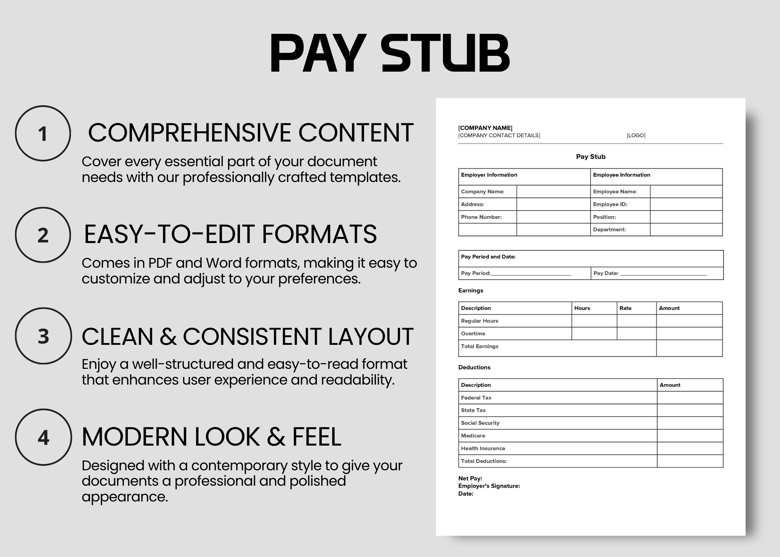 Editable Pay Stub Template - Fillable Payroll Slip PDF & Word - Professional Payslip for Small Business