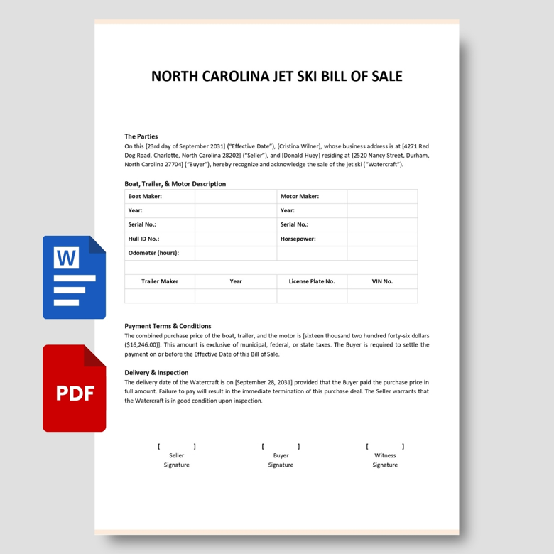 North Carolina Jet Ski Bill of Sale Template | Editable Boat & Trailer Sales Form | PDF & Word | Personal Watercraft Agreement