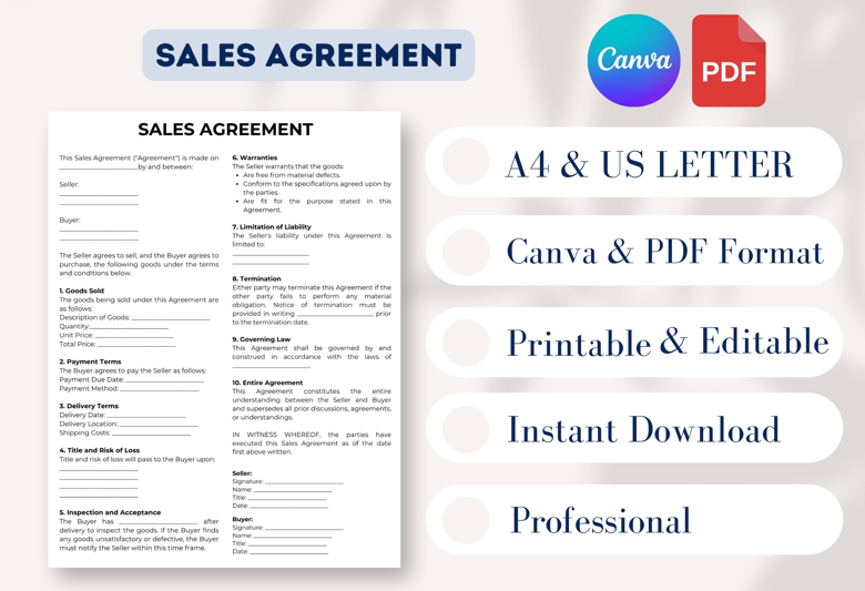 Sales Agreement Template for Small Business | Editable Legal Contract Form | Canva Template