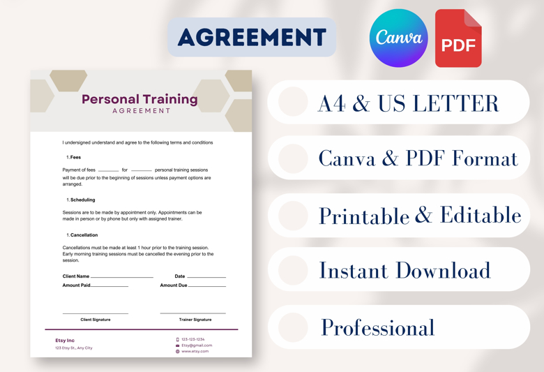 Personal Training Agreement Template | Fitness Contract Form | Editable PDF | A4 & US Letter Size | Instant Download | Gym Clie