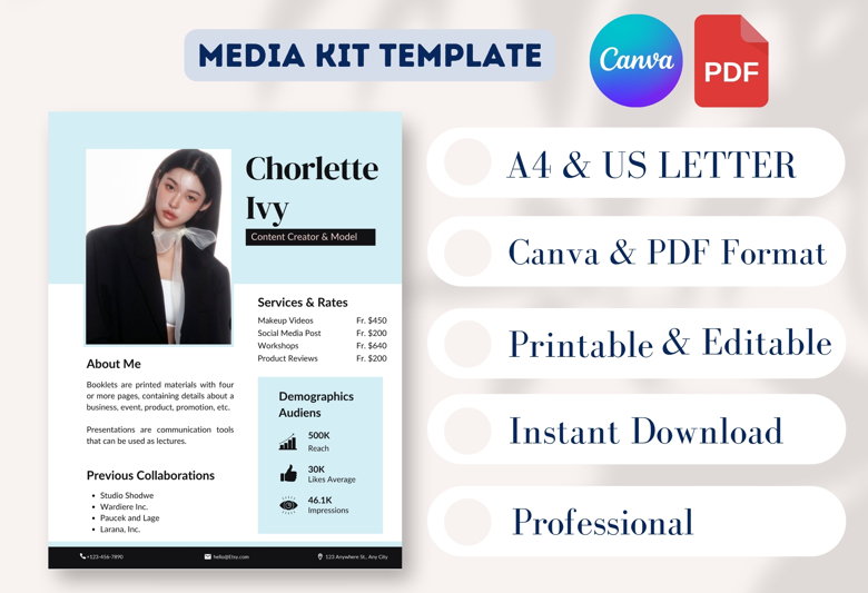 Modern Influencer Media Kit Template | Editable Model Portfolio & Rate Card | Canva Template for Content Creators | Press Kit f