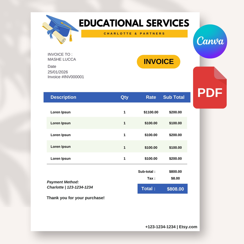 Educational Services Invoice Template | Printable Tuition or Course Invoice | A4-USLETTER Size | Modern & Professional Design |
