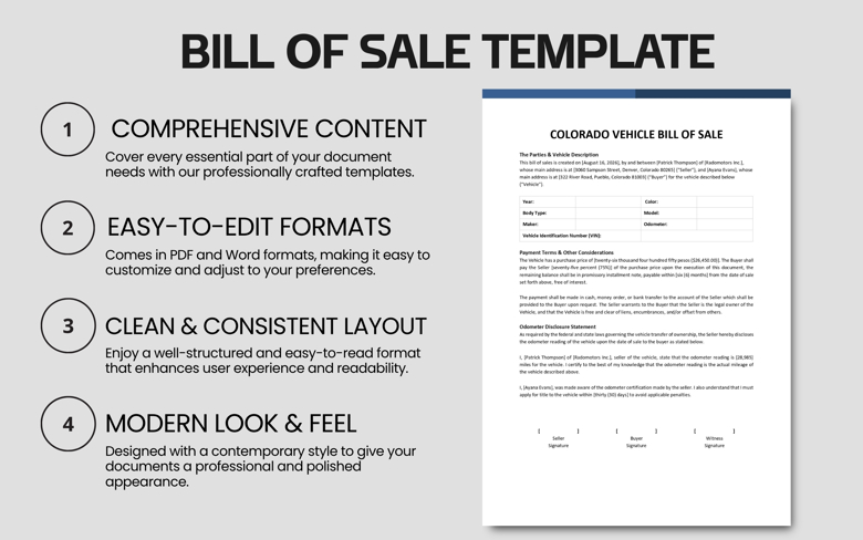 Colorado Vehicle Bill of Sale Template | Printable Car Transfer Form | Editable Auto Sale Agreement PDF