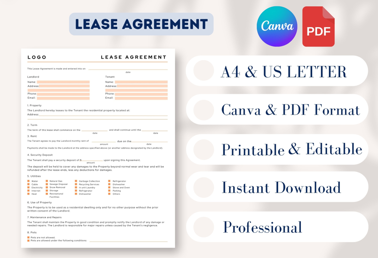 Lease Agreement Template | Editable Canva Rental Contract Form | Residential Tenancy Agreement