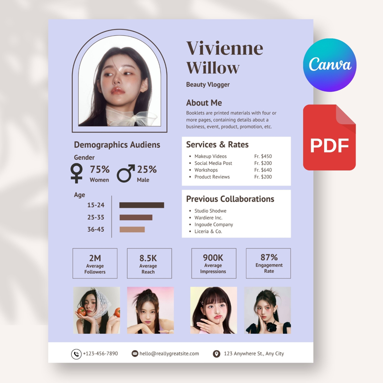 Beauty Influencer Media Kit Template | Editable Lavender Canva Press Kit for Makeup Vloggers | Social Stats & Rate Sheet